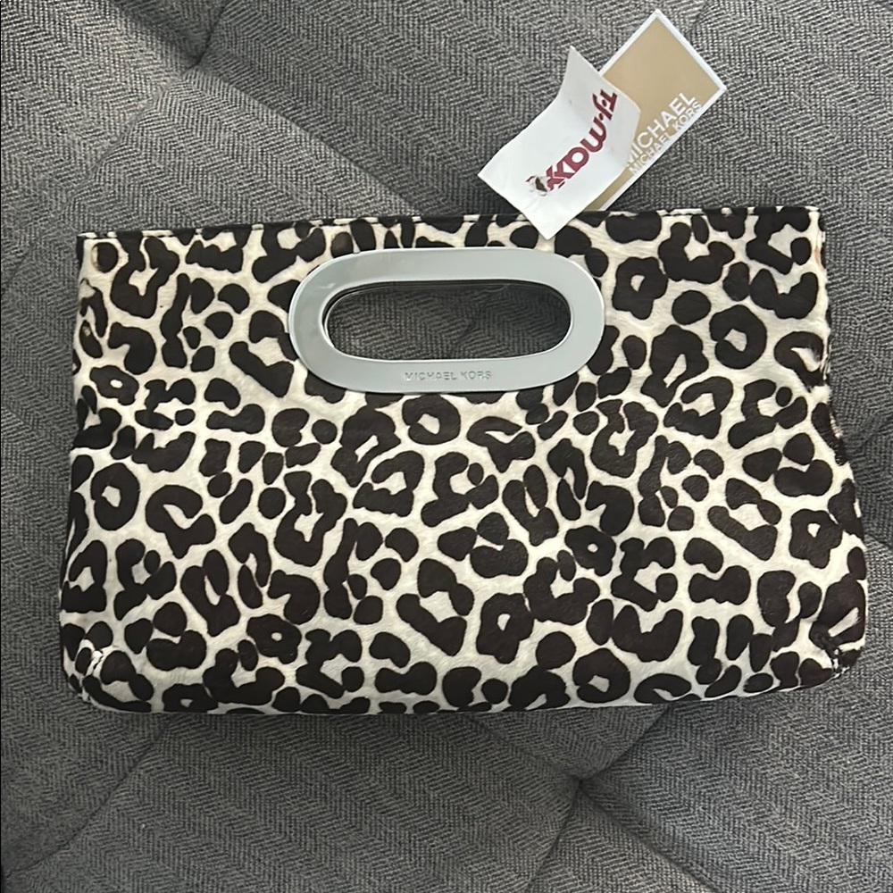 Michael Kors Black and Cream Clutch with Leopard Print Design